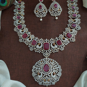 Zircon Long Haram Set with Detachable Ruby Pendant | Gold Diamond Finish | Dual Style Necklace