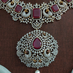 Zircon Long Haram Set with Detachable Ruby Pendant | Gold Diamond Finish | Dual Style Necklace