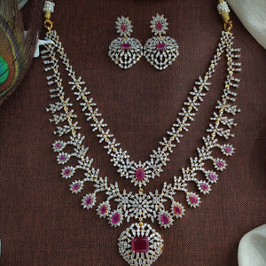 Zircon Layered Necklace Set | Ruby & White CZ Stones | Elegant Diamond Look