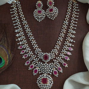 Diamond Finish Zircon Layered Necklace Set | Premium CZ Stones | Ruby & Green Variants