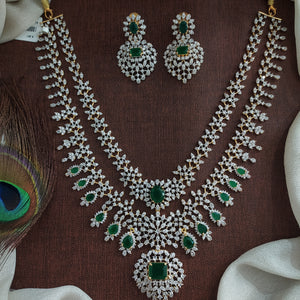 Diamond Finish Zircon Layered Necklace Set | Premium CZ Stones | Ruby & Green Variants