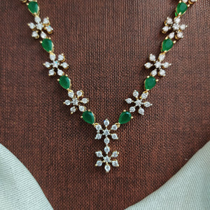 Nakshatra Design Zircon Long Haram Set | Diamond Finish | Green, Ruby & Violet