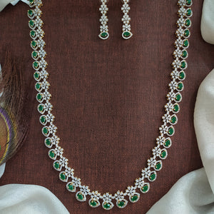 Nakshatra Design Zircon Long Haram Set | Diamond Finish | Green, Ruby & Violet