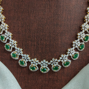 Nakshatra Design Zircon Long Haram Set | Diamond Finish | Green, Ruby & Violet