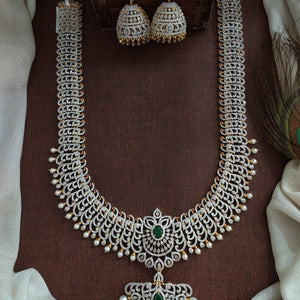 Zircon Long Haram Set with Detachable Pendant | Gold Diamond Finish | Dual Style Necklace