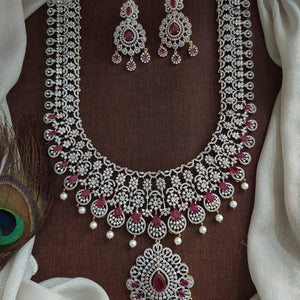 Zircon Long Haram Set with Detachable Ruby Pendant | Gold Diamond Finish | Dual Style Necklace