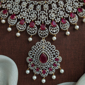 Zircon Long Haram Set with Detachable Ruby Pendant | Gold Diamond Finish | Dual Style Necklace