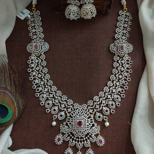 Zircon Long Haram Set with Ruby & White CZ Stones | Gold Diamond Finish | Comes with Jhumki