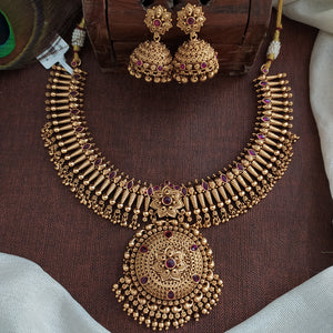 Antique Traditional Necklace Set with Jhumki | No-Idol Design | Ruby & Ruby-Green