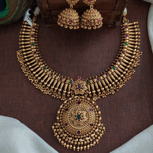 Antique Traditional Necklace Set with Jhumki | No-Idol Design | Ruby & Ruby-Green