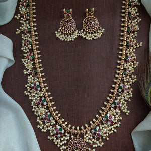 Antique Kemp Stone Guttapusalu Long Haram Set – Traditional South Indian Temple Jewellery
