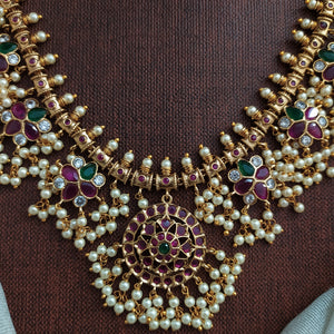 Antique Kemp Stone Guttapusalu Long Haram Set – Traditional South Indian Temple Jewellery