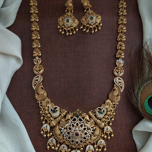 Antique Nakshi Peacock Haar with Zircon Stones – Traditional Temple Jewellery without Goddess Motifs