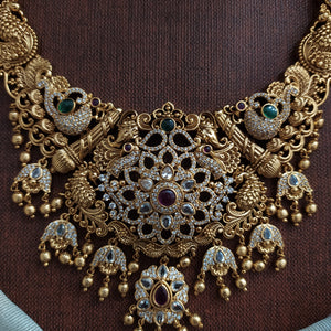 Antique Nakshi Peacock Haar with Zircon Stones – Traditional Temple Jewellery without Goddess Motifs