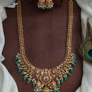 Antique Lakshmi Long Haar with Kemp Stones & Strawberry Bead Hangings – Temple Jewellery Set