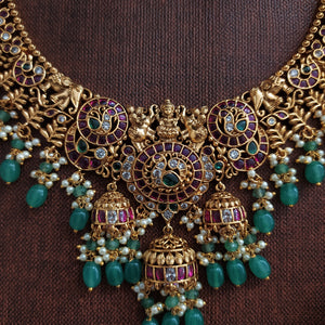 Antique Lakshmi Long Haar with Kemp Stones & Strawberry Bead Hangings – Temple Jewellery Set