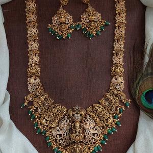 Antique Lakshmi Nakshi Long Haram Set with Zircons & Emerald Bead Hangings