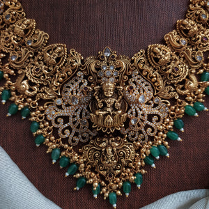 Antique Lakshmi Nakshi Long Haram Set with Zircons & Emerald Bead Hangings