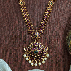 Simple Antique Kemp Stone Long Haram Set – Elegant Lightweight Temple Style Jewellery