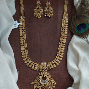 Antique Mango Design Long Haram Set with Chandbali Earrings – Traditional Temple Jewellery