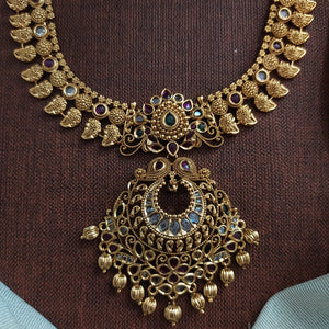 Antique Mango Design Long Haram Set with Chandbali Earrings – Traditional Temple Jewellery