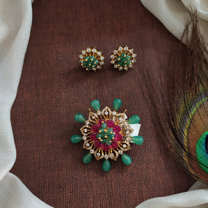 Designer Floral Stone Pendant Set with Studs | Coral-Green & Green Color Options