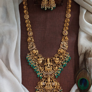 Antique Lakshmi Long Haram Set with Nakshi Work | Lakshmi, Peacock & Elephant Motifs