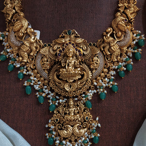 Antique Lakshmi Long Haram Set with Nakshi Work | Lakshmi, Peacock & Elephant Motifs