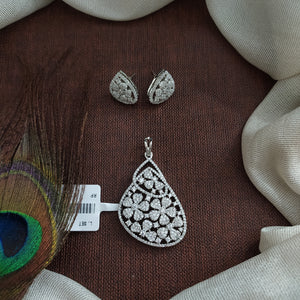 Zircon Stone Pendant Set with Matching Earrings – Rhodium & Gold Two-Tone Polish