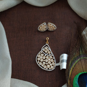 Zircon Stone Pendant Set with Matching Earrings – Rhodium & Gold Two-Tone Polish