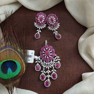 Silver Polish Zircon Pendant Set – Elegant AD Jewellery in Green & Ruby