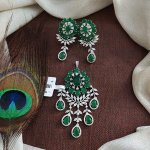 Silver Polish Zircon Pendant Set – Elegant AD Jewellery in Green & Ruby
