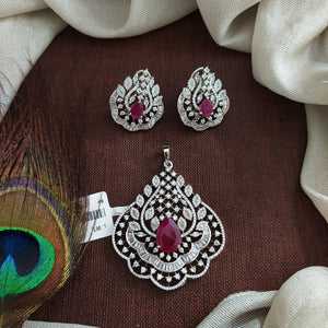 Zircon Diamond Look Pendant Set with Earrings – Rhodium & Two-Tone Polish Elegant Party Jewellery