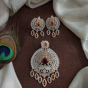 Diamond Finish Zircon Pendant Set with Earrings | Ruby, Green & Violet | Real Diamond Look