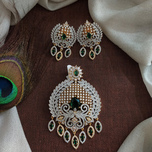 Diamond Finish Zircon Pendant Set with Earrings | Ruby, Green & Violet | Real Diamond Look