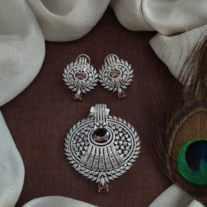 Oval Shaped Zircon Pendant Set with Earrings | Diamond & Silver Finish | Color Stone Edition