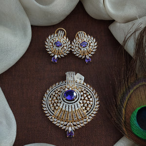 Oval Shaped Zircon Pendant Set with Earrings | Diamond & Silver Finish | Color Stone Edition