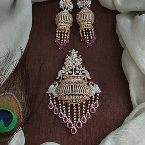 Designer Diamond Finish Zircon Half-Pot Pendant Set with Peacock Motif Earrings