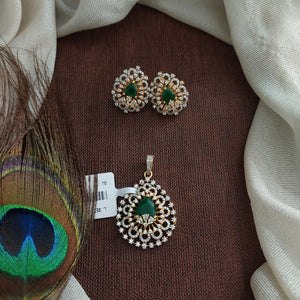 Statement Diamond Look Zircon Pendant Set with Emerald Center | Silver & Diamond Finish