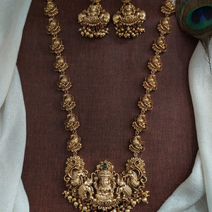 Antique Nakshi Work Lakshmi Long Haram Set with Peacock Chain & Matching Earrings