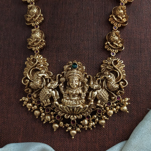 Antique Nakshi Work Lakshmi Long Haram Set with Peacock Chain & Matching Earrings
