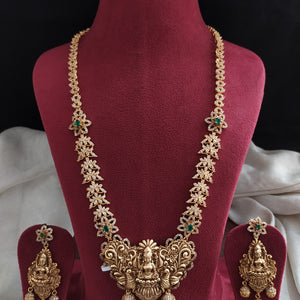 Antique Nakshi Work Lakshmi Long Haram Set with Floral Stone Chain & Matching Earrings