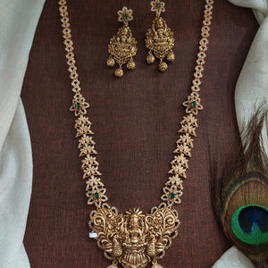 Antique Nakshi Work Lakshmi Long Haram Set with Floral Stone Chain & Matching Earrings