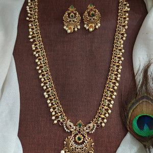 Antique Non-Idol Long Haram Set with Floral & Peacock Design and Pearl Drops