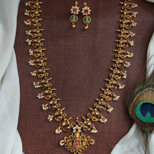 Antique Nakshi Work Lakshmi Long Haram Set with Hand-Painted Enamel & Mango Chain