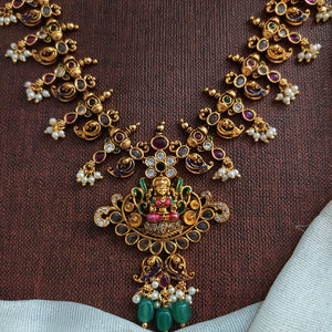 Antique Nakshi Work Lakshmi Long Haram Set with Hand-Painted Enamel & Mango Chain