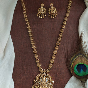 Antique Simple Long Haram Set with Lord Ganesha Pendant & Peacock Nakshi Chain