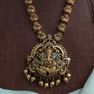 Antique Simple Long Haram Set with Lord Ganesha Pendant & Peacock Nakshi Chain