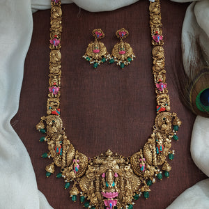 Antique Nakshi Work ‘U’ Type Wide Long Haram Set with Hand-Painted Enamel