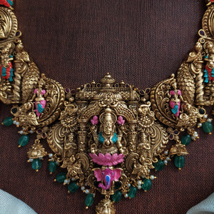 Antique Nakshi Work ‘U’ Type Wide Long Haram Set with Hand-Painted Enamel